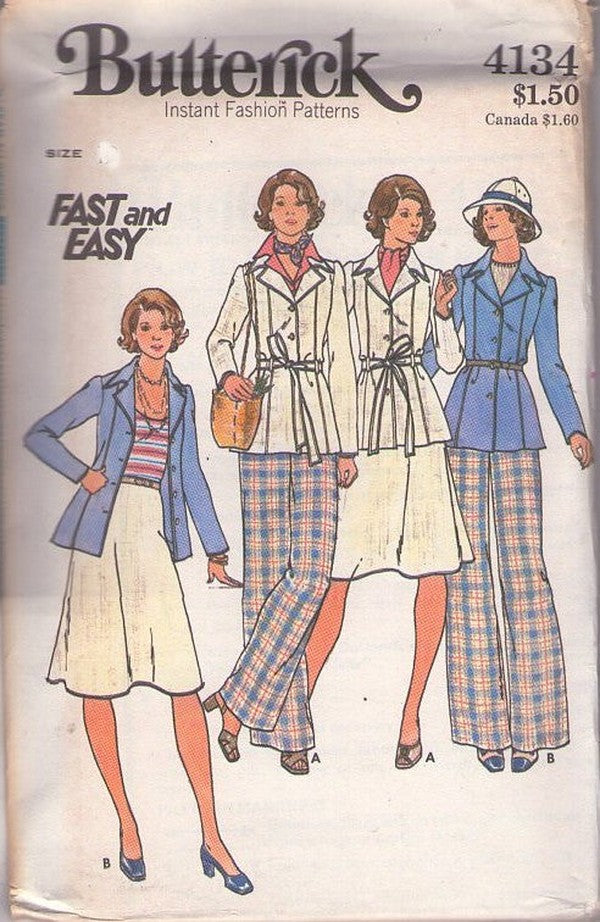 Butterick 4134 Vintage 70's Sewing Pattern Secretary Separates, Fast & Easy Retro Shirt Jacket, Flared Skirt, Belled Pants Size 10