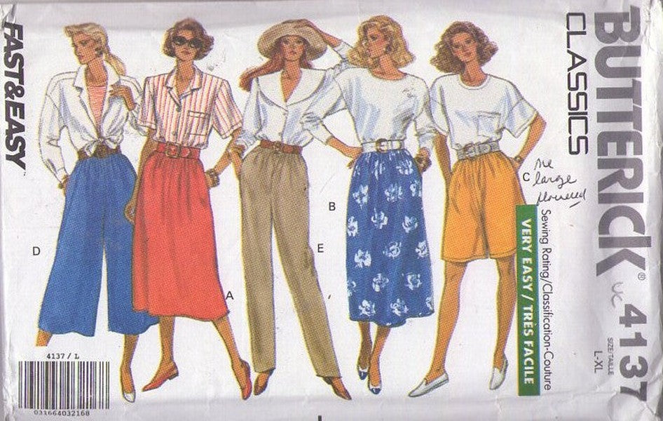 Butterick 4137 Vintage 80's Sewing Pattern Fast & Easy Culottes, Skirt, Gauchos, Pants Set Size L-XL