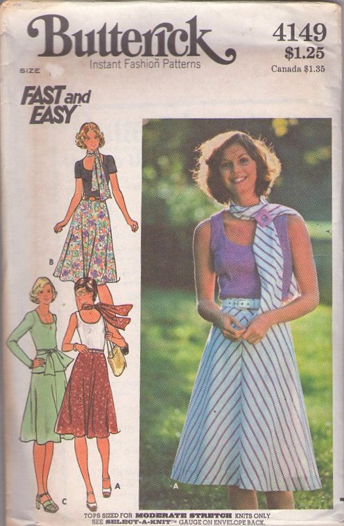 Butterick 4149 Vintage 70's Sewing Pattern Summer Tops, Skirt, Fast & Easy Scoop Neck Tank, Tshirt Top, Tunic Blouse, Flared Bias Skirt & Scarf Sash Size 10