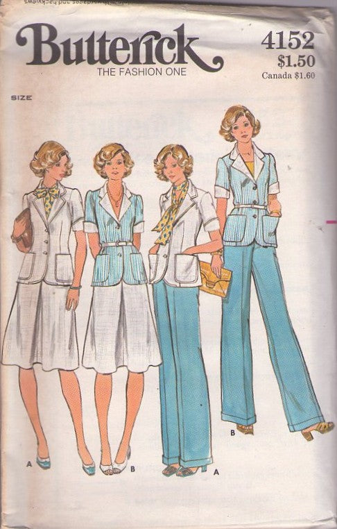 Butterick 4152 Vintage 70's Sewing Pattern Secretary Separates, Collared Suit Jacket Top, Blouse, Inverted Pleat Skirt, Cuffed Pants Size 12