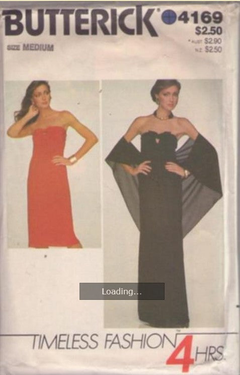 Butterick 4169 Vintage 80's Sewing Pattern Disco Gown, Shawl, Timeless Fashion, 4 Hour Fitted Strapless Dress, Sun Dress, Peekaboo Tied Front & Sheer Triangle Shawl Size M