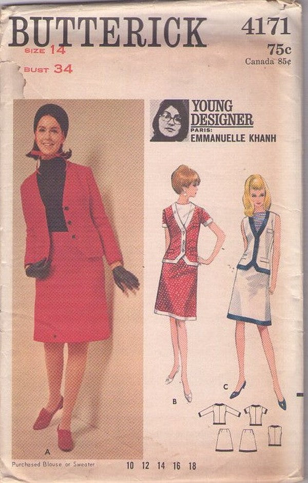 Butterick 4171 Vintage 60's Sewing Pattern Mod Suit Dress, Young Paris Designer Emmanuelle Khanh Jacket, Skirt Size 14