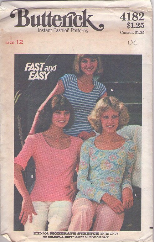 Butterick 4182 Vintage 70's Sewing Pattern TShirt Tops, Fast & Easy, Boho U Scoop Neck Tshirt Top Knits Set 3 Styles Size 12 UNCUT