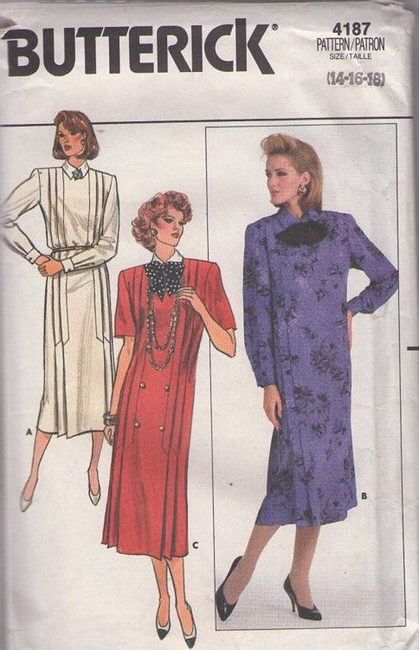 Butterick 4187 Vintage 80's Sewing Pattern Secretary Dress, Straight Fitting Dress with Pleats, 3 Styles Size 14-18
