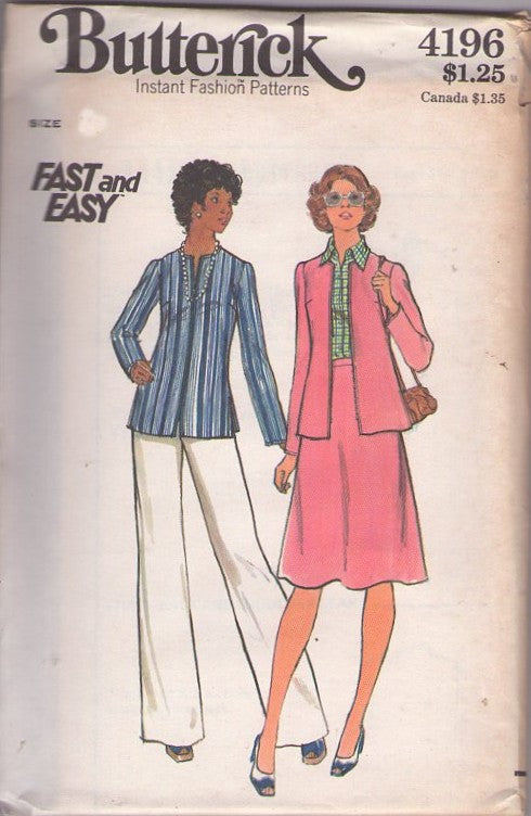 Butterick 4196 Vintage 70's Sewing Pattern Pantsuit Separates, Fast & Easy Casual Slit Neck Tunic Top Blouse, Cardigan Jacket, Flared Skirt & Pants Size 12