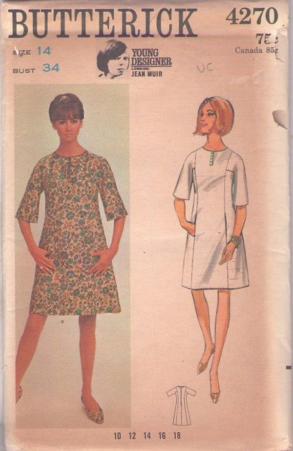Butterick 4270 Vintage 60's Sewing Pattern Young London Designer Jean Muir Mod Dress, Hidden Front Pockets Size 14