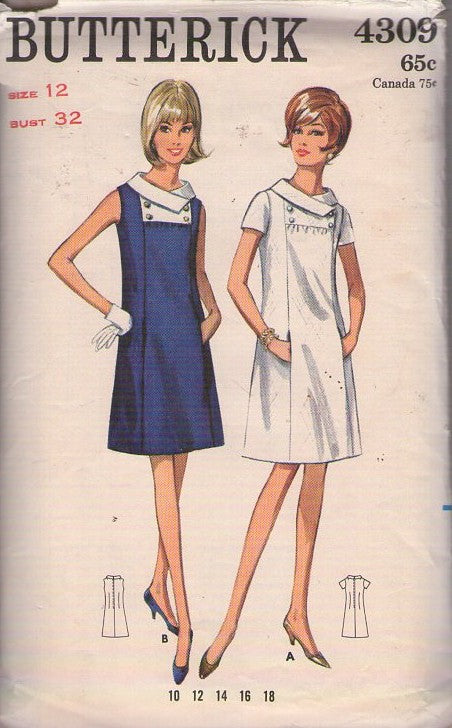 Butterick 4309 Vintage 60's Sewing Pattern Mod Dress, Twiggy Style, Wrap Collar Buttoned Yoke Day Dress, Hidden Front Pockets, 2 Styles Size 12
