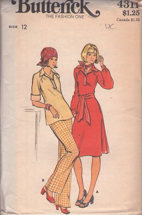 Butterick 4311 Vintage 70's Sewing Pattern Secretary Separates, Shirred Raglan Sleeve Top, Pullover Blouse, Flared Pants, Dress & Tie Belt Size 12