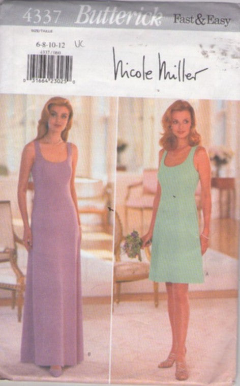 Butterick 4337 Retro 90's Sewing Pattern Designer Dress, Nicole Miller Gown, Scoop Neck Sleeveless Summer Beach Wedding, Simple Party Dress Size 6-12