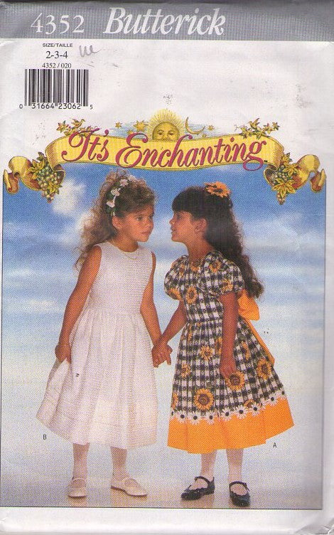 Butterick 4352 Retro 90's Sewing Pattern Girls' Dress, It's Enchanting, Modest Flower Girl, School, Party Dress 2 Styles Size 2-4