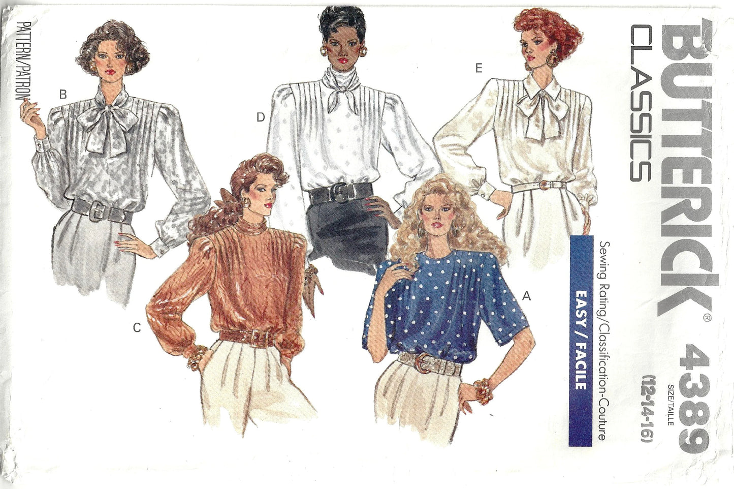 Butterick 4389 Vintage 80's Sewing Pattern Blouse Set, Boxy Romantic Tie Collar Fancy Shirts, 5 Styles Size 12-16