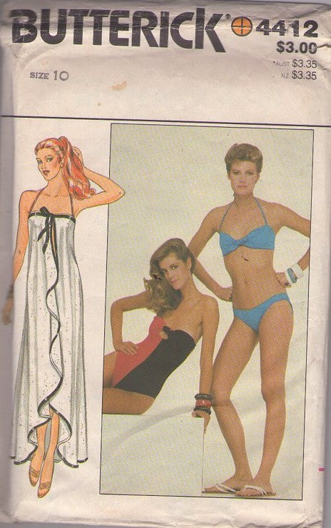 Butterick 4412 Vintage 80's Sewing Pattern Swimsuit, Bathing Suits, Charlie's Angels Bikini Top, Bottoms, Tie Front Cover Up Dress Size 10
