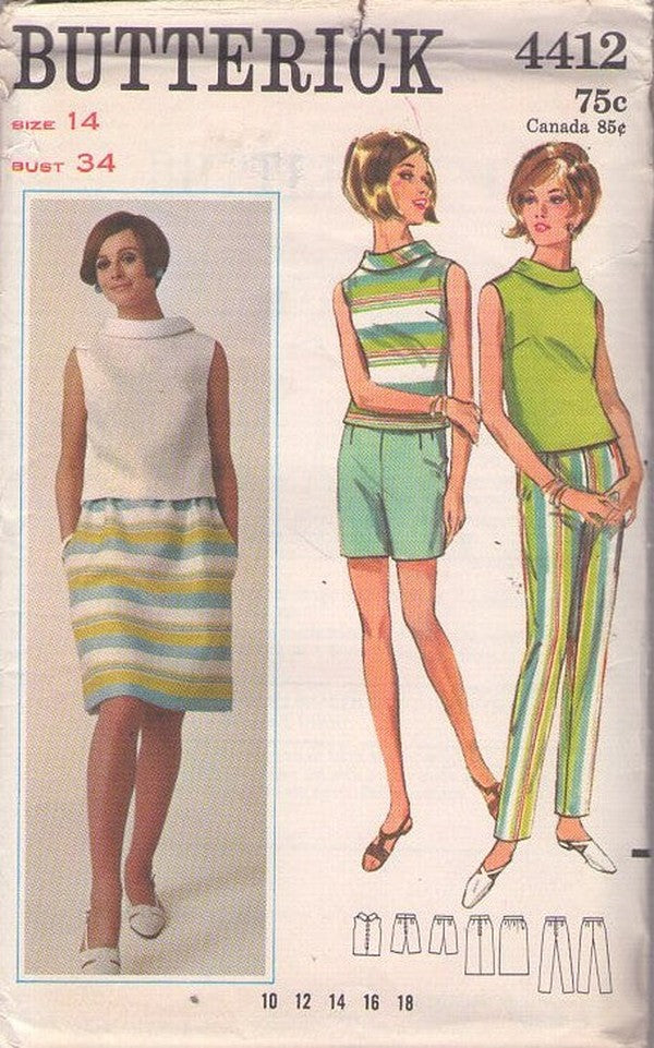 Butterick 4412 Vintage 60's Sewing Pattern Mod Separates, Summer Roll Collar Blouse, Skirt, Tapered Leg Pants Size 14