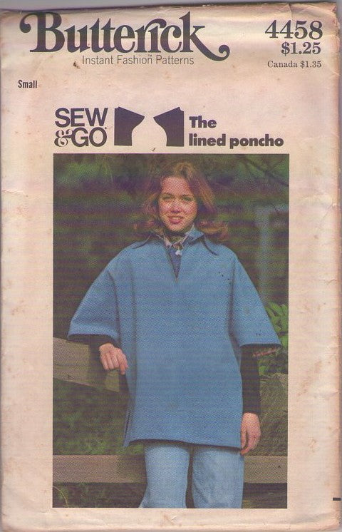 Butterick 4458 Vintage 70's Sewing Pattern Sew & Go, The Lined Poncho, Boho, Pullover Jacket, Size S