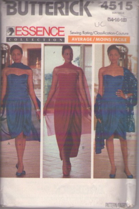 Butterick 4515 Vintage 80's Sewing Pattern Strapless Dress, Essence Collection Cocoon Gown, Drop Waist, Surplice Tulip Skirt, Wispy Sheer Wrap Size 14-18