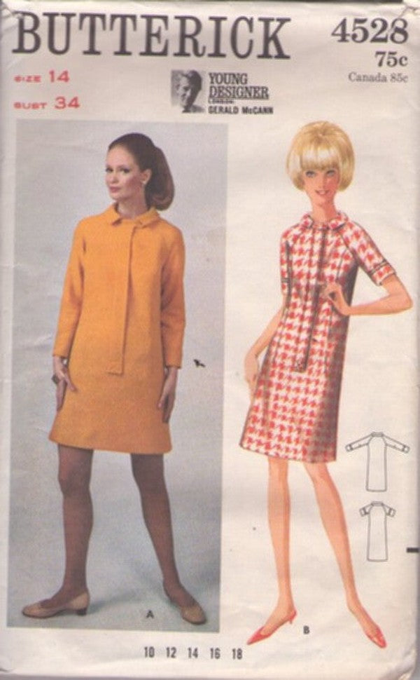 Butterick 4528 Vintage 60's Sewing Pattern Young London Designer Gerald McCann Dress, Mod, Twiggy, Hidden Front Band Size 14