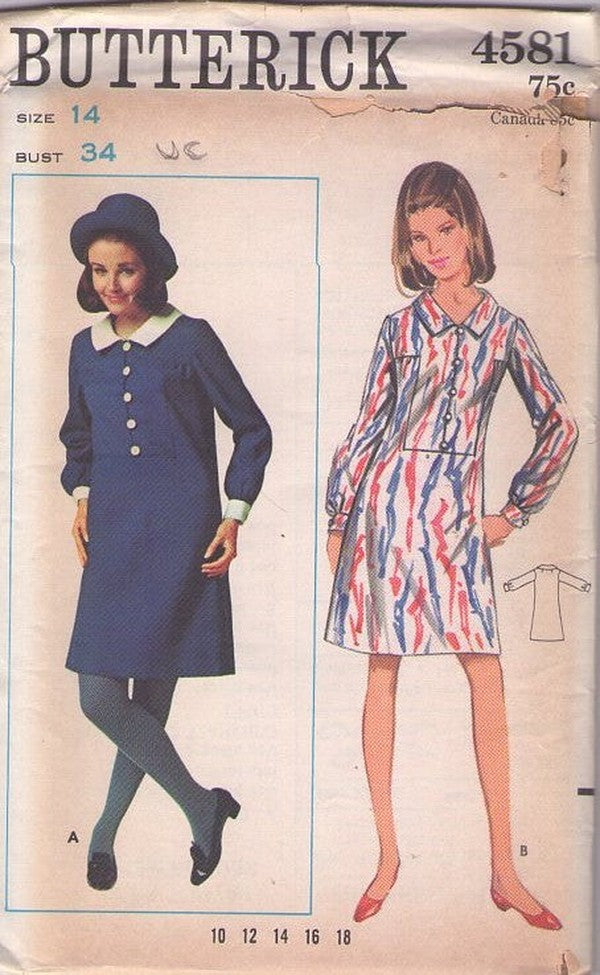 Butterick 4581 Vintage 60's Sewing Pattern Mod Dress, Shaped Yoke, Mia Farrow Twiggy Looks Size 14