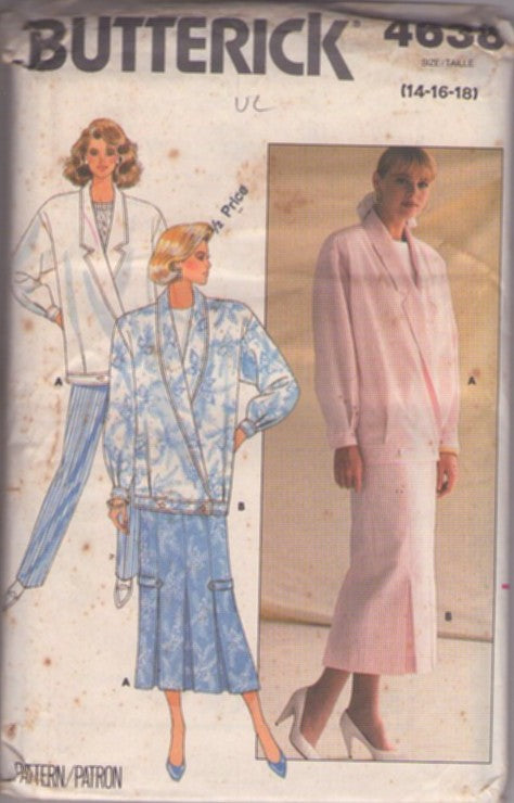 Butterick 4638 Vintage 80's Sewing Pattern Secretary Separates, Oversized Hip Buttons Jacket, Coat, Pleated Midi Skirt, Straight Leg Pants Size 14-18