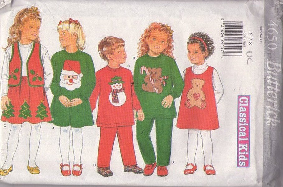 Butterick 4650 Retro 90's Sewing Pattern Girls' and Boys' Dress, Top, Pants, Vest, Skirt, Christmas Holiday Applique, Classical Kids Size 6-8