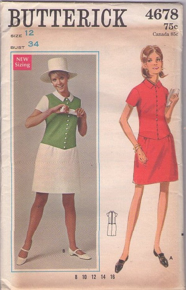 Butterick 4678 Vintage 60's Sewing Pattern Mod 2 Piece Look Dress, Office, Twiggy Styles Size 12