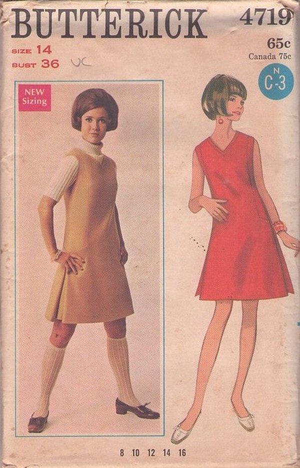 Butterick 4719 Vintage 60's Sewing Pattern Mod Dress, Jumper, V Neck, Side Pleats, Sleeveless Size 14