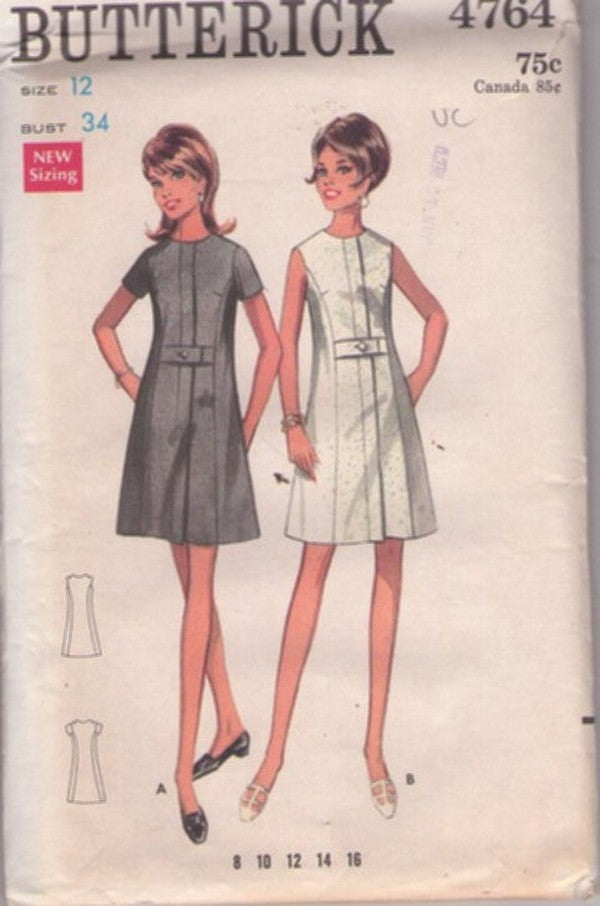 vintage 60s mini dress Butterick 4764 60's Sewing Pattern Mod Set, Princess Seams, Hidden Front Zipper Size 12 Knee Length Green Party Hand Made Polyester Sizing fitgroup:888 Color:lavender