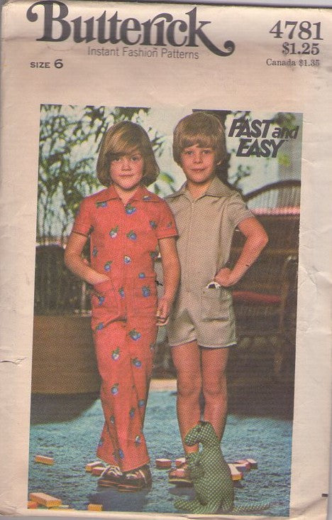 Butterick 4781 Vintage 70's Sewing Pattern Girls' & Boys' Jumpsuit, Romper, Coveralls, Fast & Easy Size 6