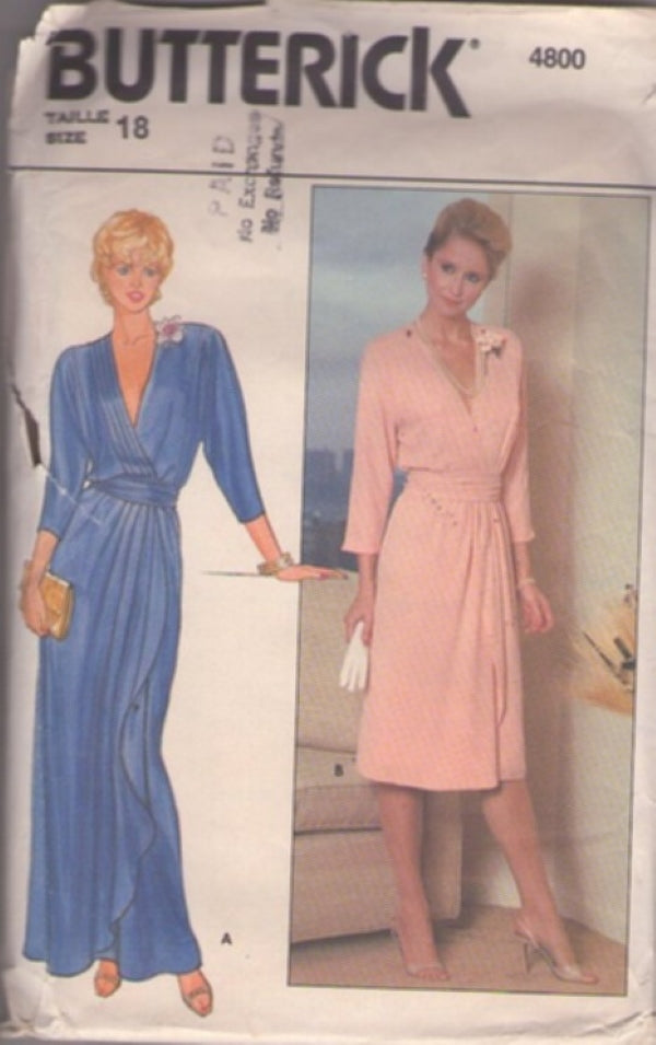 Butterick 4800 Vintage 80's Sewing Pattern Plunging V Neck Wrap Around Evening Gown, Cocktail Party Dress, Pleats, Cummerbund Belt Size 18