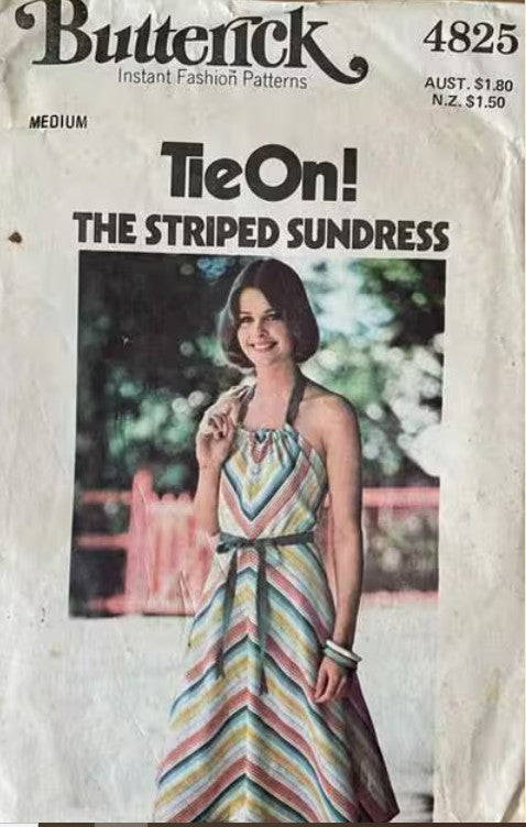 Butterick 4825 Vintage 70's Sewing Pattern Disco Sun Dress, Wrap Around, Apron Style, The Striped Sundress, Halter Drawstring, Bias Cut Size M