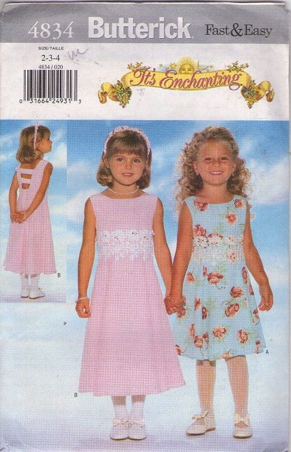 Butterick 4834 Retro 90's Sewing Pattern Girls' Dress, It's Enchanting, Fast & Easy, Back Straps, Tea or Short Summer Fancy Dress 2 Styles Size 2-4