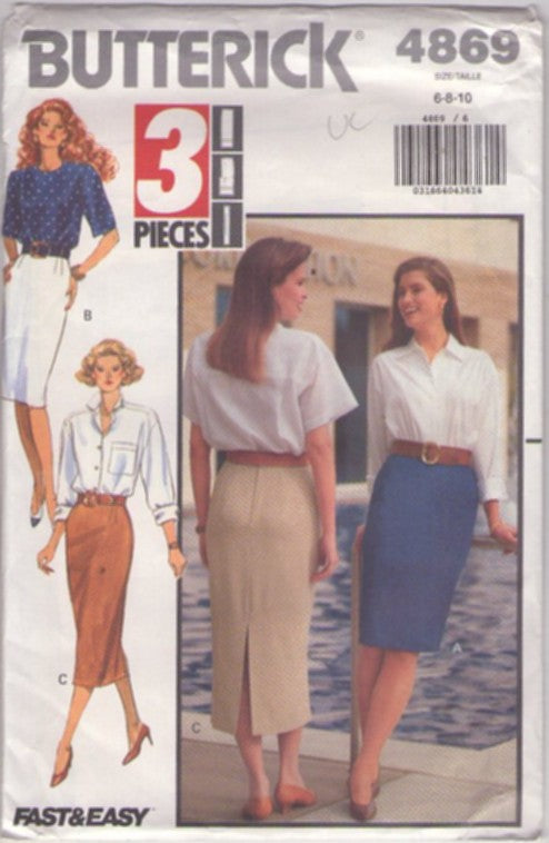 Butterick 4869 Vintage 90's Sewing Pattern Secretary Skirts, Fast & Easy 3 Piece Slim, Sheath Skirt 2 Styles Size 6-10