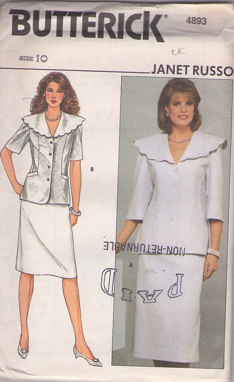 Butterick 4893 Vintage 80's Sewing Pattern Career Suit Dress, Designer Janet Russo Scalloped Collar Jacket Top & Slim Skirt, Dynasty Power Suit Styles Size 10