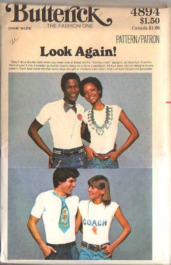 Butterick 4894 Vintage 70's Sewing Pattern Fun Crafts, Look Again! Iron On Transfers, Fake Tuxedo Tshirt, Necklace, Coach & Pin Up Necktie