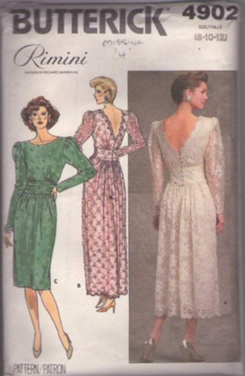 Butterick 4902 Vintage 80's Sewing Pattern Designer Gown, Rimini Deep V Back Wide Ruched Midriff Lace Mother of the Bride Dress, Lace Wedding Evening Gown Size 8-12
