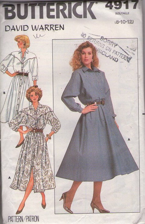 Butterick 4917 Vintage 80's Sewing Pattern Secretary Dress, Designer David Warren, Western Yoked, Front Buttoned Flared Skirt, Dolman Sleeve Day Dress 2 Styles Size 8-12