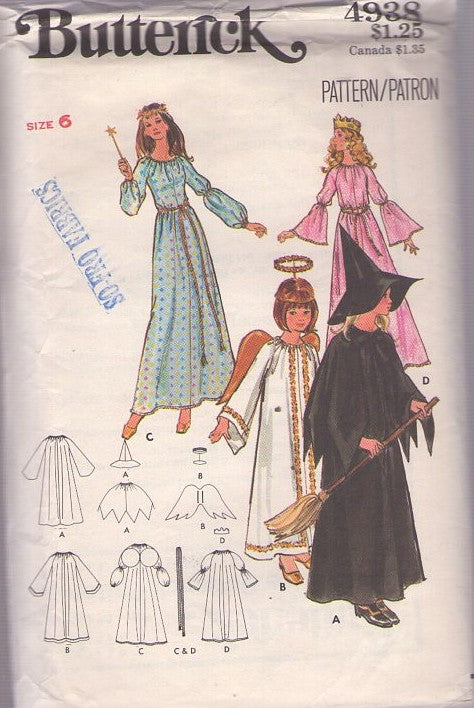 Butterick 4938 Vintage 70's Sewing Pattern Girl's Costumes, Halloween Costume, Juliet Bell Sleeve Fairy Princess, Renaissance Queen, Angel, Witch Dress, Hat, Halo, Wings Girl's Size 6