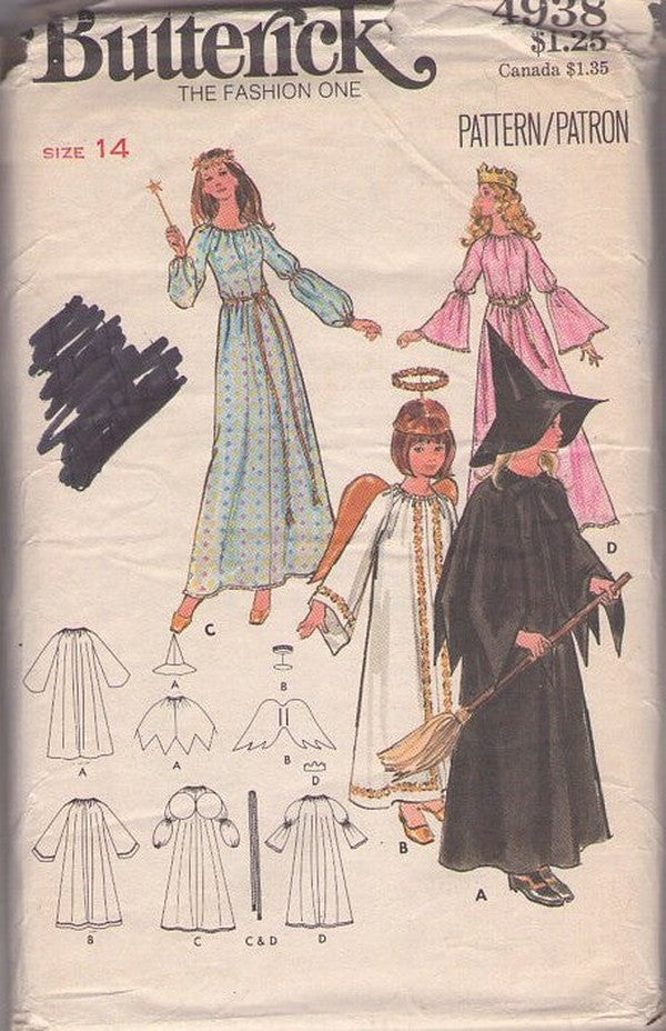 Butterick 4938 Vintage 70's Sewing Pattern Cosplay Costumes, Halloween Costume, Juliet Bell Sleeve Fairy Princess, Renaissance Queen, Angel, Witch Dress, Hat, Halo, Wings WOMENS Size 14