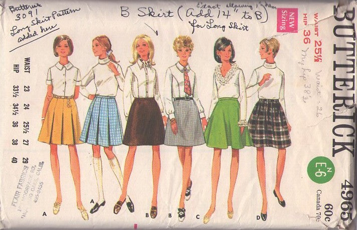 Butterick 4965 Vintage 60's Sewing Pattern Mod Skirts, Twiggy Mini Short Skirt Set, Cheerleader Kilt Pleats A-Line GOGO VINYL or Faux Leather 4 Styles Waist 25.5 Size M