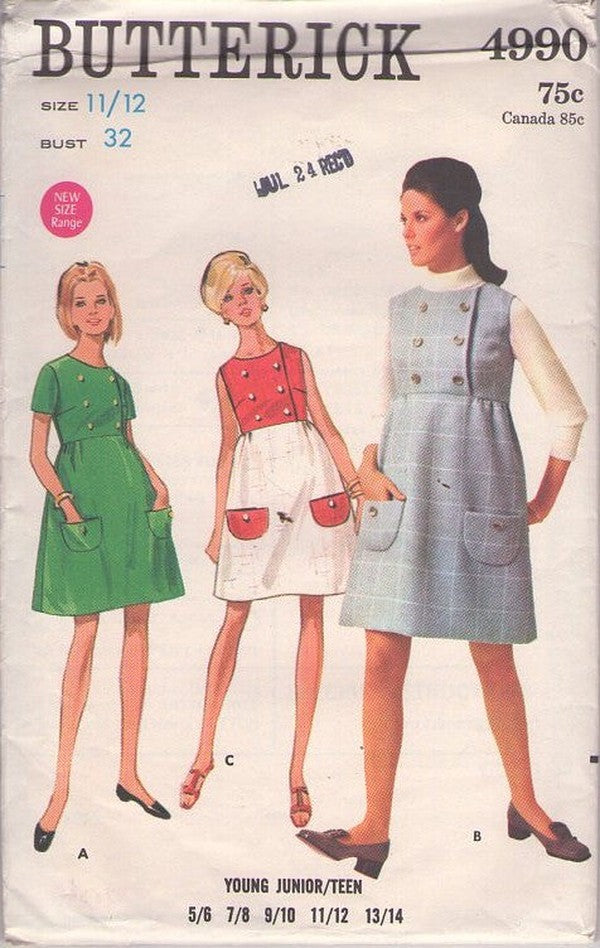 Butterick 4990 Vintage 60's Sewing Pattern Mod Dress, Babydoll, Double Breasted Buttons, 3 Styles Size 11/12