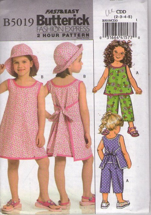 Butterick 5019 Retro 2007 Sewing Pattern Girls' Wrap Dress, Fashion Express 2 Hour, Top, Pants, Sun Brim Hat Size 2-5