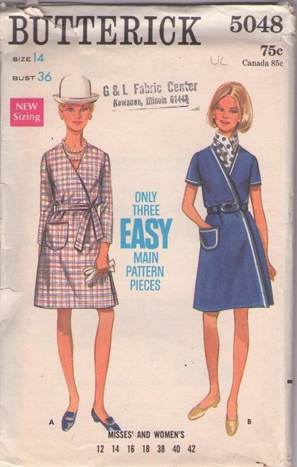 Butterick 5048 Vintage 60's Sewing Pattern Mod Wrap Dress, Easy Front Wrap Around, V Neck Dress Size 14
