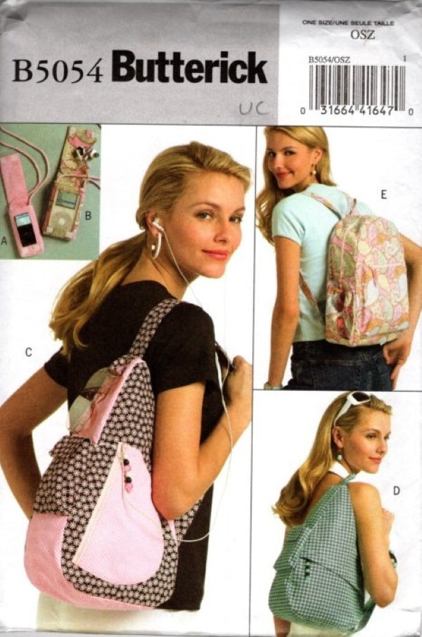 Butterick 5054 Retro 2007 Sewing Pattern Travel Pack, Backpack, MP3 Player or Small Phone Cover, Shoulder Bag OZ