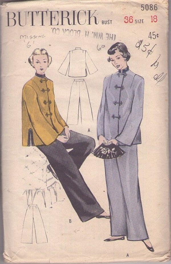 Butterick 5086 Vintage 40's Sewing Pattern Mandarin Chinese Lounge Pajamas, Coolie Jacket Top Blouse, Flared Pants Size 18