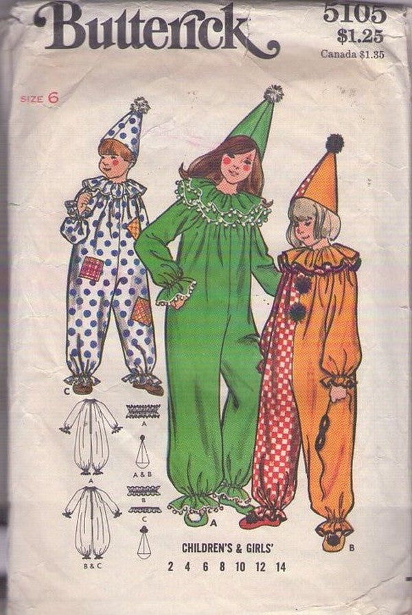 Butterick 5105 Vintage 70's Sewing Pattern Clown Costumes, Circus Clown Jumpsuits with Neck Ruff, Cone Hats 3 Styles Size 6