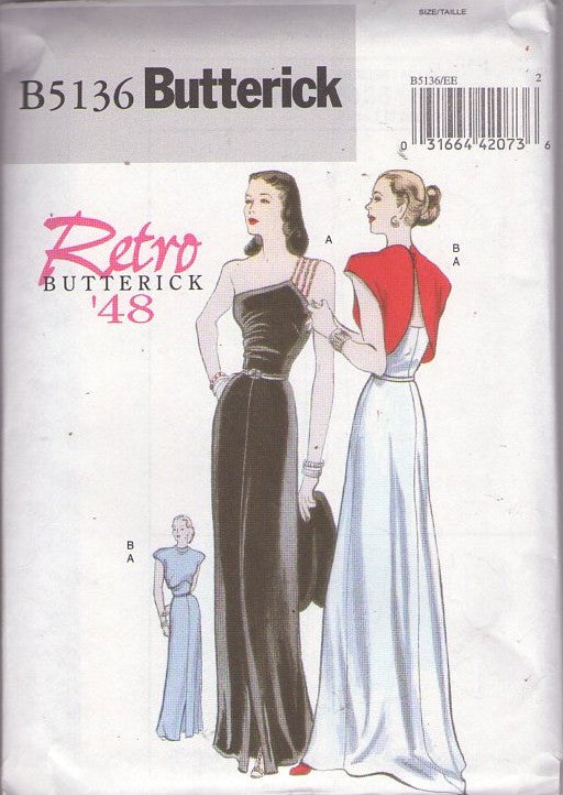 Butterick 5136 Retro 2007 Sewing Pattern Vintage Dinner Dress, Retro Repro Amazing Glamour One Shoulder Evening Gown, Red Carpet Gala Event Party Dress & Topper Jacket Size 6-12