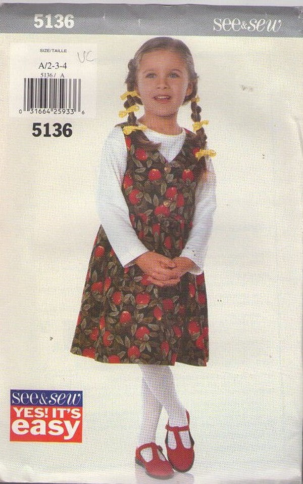 Butterick 5136 Retro 90's Sewing Pattern Girl's Modest Jumper, See & Sew Easy Dress Size 2-4