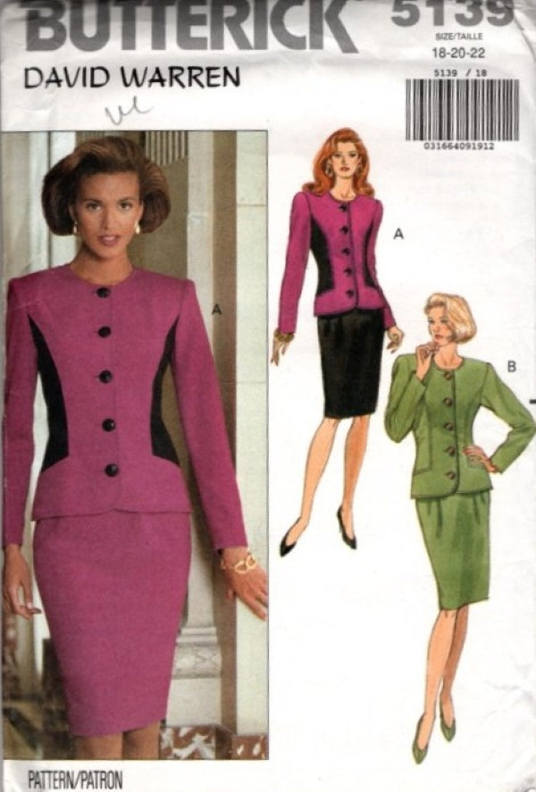Butterick 5139 Vintage 90's Sewing Pattern Career Power Suit, David Warren Design, Contrast Sides Jacket Top, Sheath Skirt Size 18-22