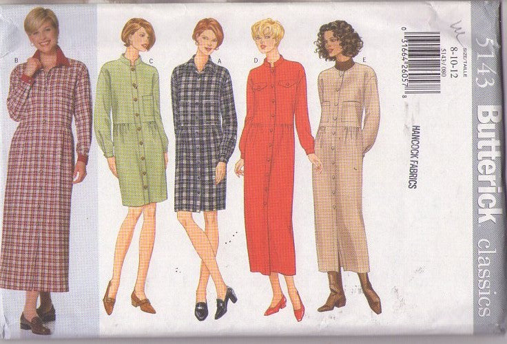 Butterick 5143 Retro 90's Sewing Pattern Secretary Dress Set, Straight Fit, Drop Waist, Front Buttoned Short or Midi Lengths Size 8-12