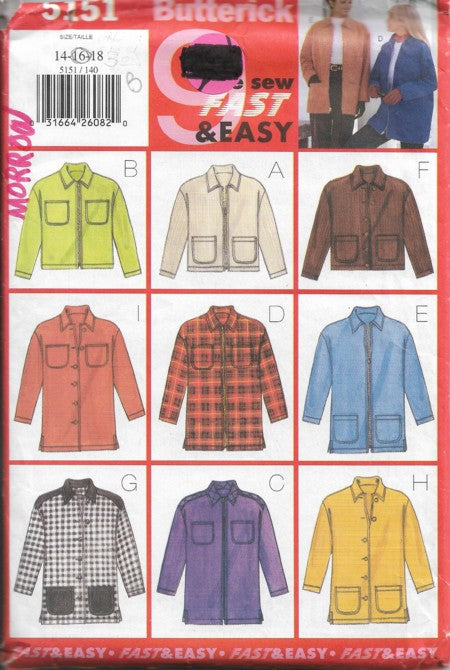 Butterick 5151 Retro 90's Sewing Pattern Fast & Easy Jacket Set, Cropped, Shirt Jacket, Coverups Size 14-16