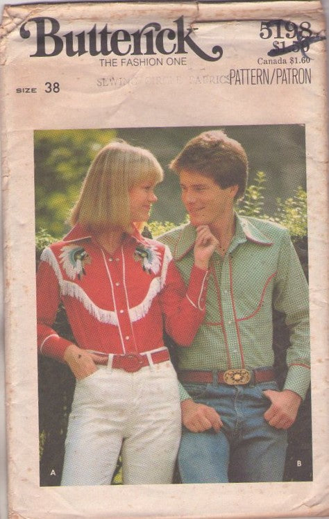 Butterick 5198 Vintage 70's Sewing Pattern Western Shirts, Pearl Snaps, Rockabilly Cowboy, Shirt, Fringe, Piping Trim Size 38 CUT